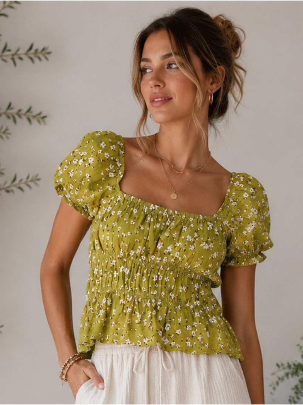 Miss Lili Olive Green Floral Puff Sleeve Smocked Top